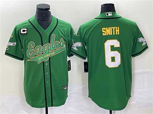 Mens Philadelphia Eagles #6 DeVonta Smith Green Gold With C Patch Cool Base Baseball Stitched Jersey